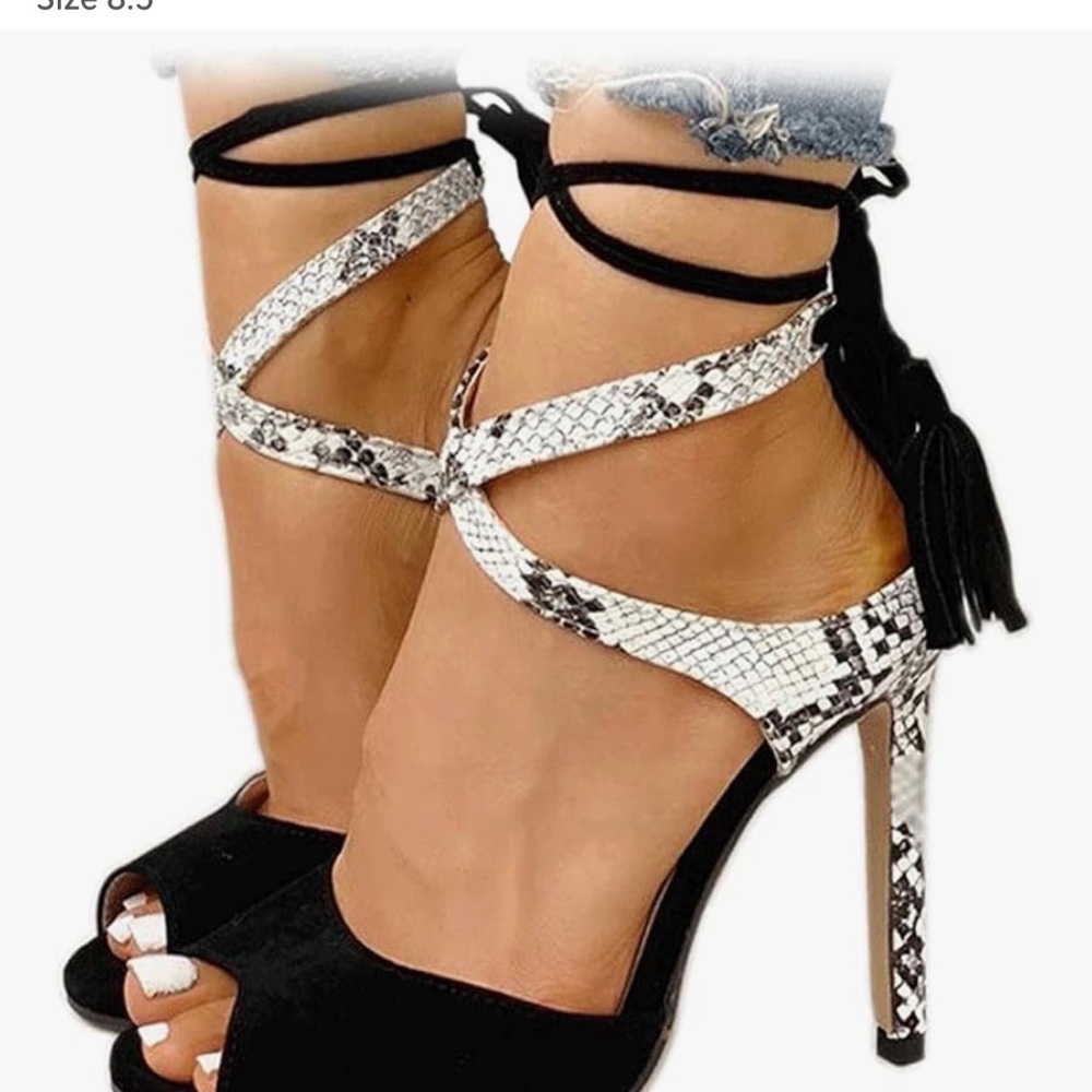 Peep Toe Black Lace Up Heels